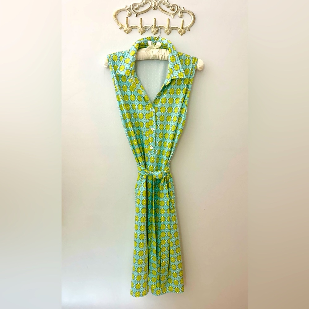 J McLaughlin XL Catalina Cloth aqua/teal,  belted dress with pockets.